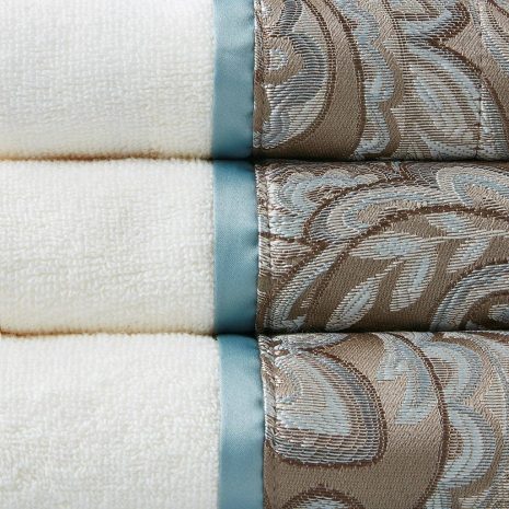Traditional Brown Jacquard Print Terry cloth Towel Suite Stacked closeup
